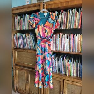 Nicole Miller NY Satin Flutter Dress Bold Abstract Floral Pattern Hi-low Size M